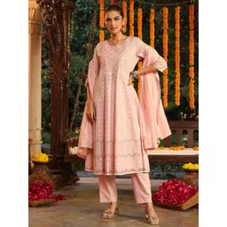 Janasya Women's Light Pink Pure Cotton Embroidered Ethnic Motifs Anarkali Kurta Set-picture-27