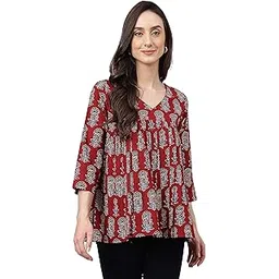 janasya Women's Maroon Pure Cotton Floral Block Print Flared Top-picture-25