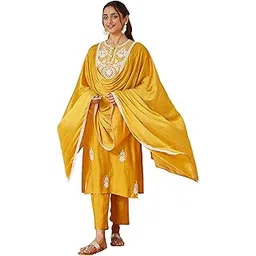 janasya Women's Mustard Silk Blend Embroidered Straight Kurta Set-picture-51