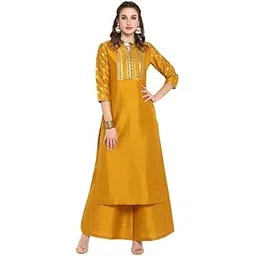 janasya Women's Mustard Silk Blend Foil Printed Kurta with Palazzo-picture-13