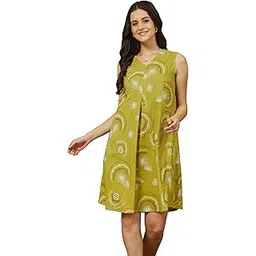 janasya Women's Olive Green Pure Cotton Abstract Printed A-line Dress-picture-40