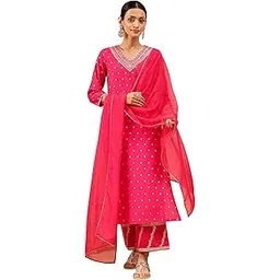 janasya Women's Pink Chanderi Silk Gold Zari Embroidered Straight Kurta With Palazzo & Dupatta Set-picture-49