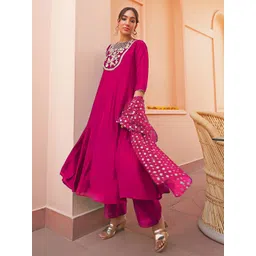 Janasya Women's Pink Chanderi Silk Yoke Embroidered Anarkali Kurta Set image 1