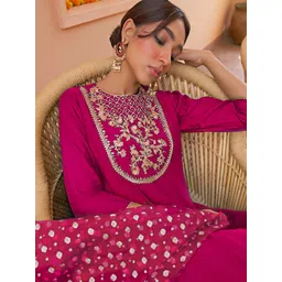 Janasya Women's Pink Chanderi Silk Yoke Embroidered Anarkali Kurta Set image 5