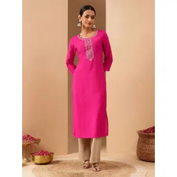 Janasya Women's Pink Chanderi Silk Yoke Embroidery Straight Kurta-picture-10