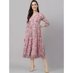 Janasya Women's Pink Chiffon Lurex Floral Printed Flared Dress-picture-14