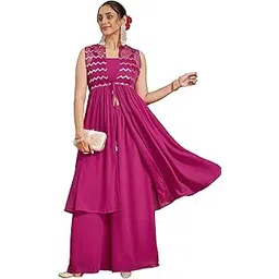 janasya Women's Pink Georgette Sequined Front Slit Kurta with Crop Top Palazzo Set-picture-53