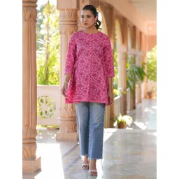 Janasya Women's Pink Pure Cotton Floral Printed A-line Tunic-picture-18