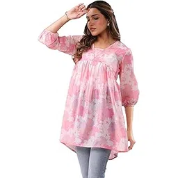 janasya Women's Pink Silk Blend Floral Printed A-line Tunic-picture-32