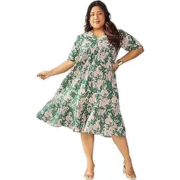 janasya Women's Plus Size Green Pure Cotton Floral Printed Tiered Dress-picture-26