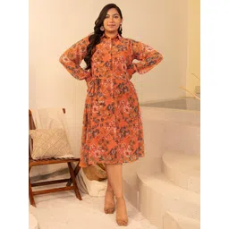 Janasya Women's Plus Size Orange Georgette Floral A-Line Dress-picture-39