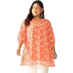 janasya Women's Plus Size Peach Georgette Floral Printed A-line Tunic-picture-11