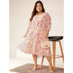 Janasya Women's Plus Size Pink Georgette Floral Printed Tiered Dress-picture-31