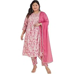 janasya Women's Plus Size Pink Pure Cotton Yoke Embroidered Floral Printed A-line Kurta Set-picture-35