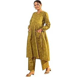 janasya Women's Pure Cotton Floral Printed A-line Maternity Kurta Pant Set-picture-10