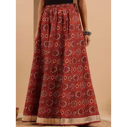 Janasya Women's Rust Pure Cotton Floral Printed Flared Skirt-picture-11