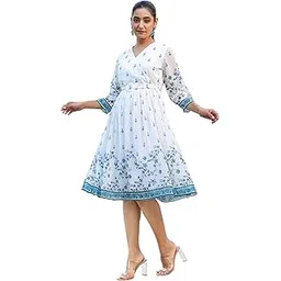 janasya Women's White Georgette Digital Print Flared Western Dress-picture-11