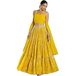 janasya Women's Yellow Georgette Embellished Foil Printed Tiered Ready To Wear Lehenga Choli Set-picture-12
