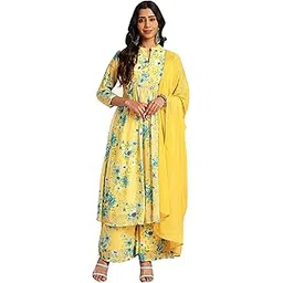 janasya Women's Yellow Georgette Floral Gathered Kurta Set-picture-42
