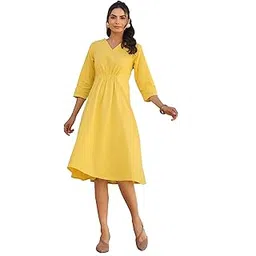 janasya Women's Yellow Linen Cotton Solid A-line Dress-picture-15