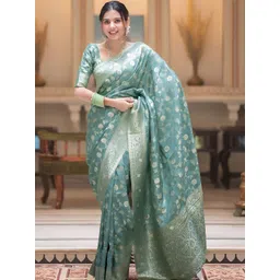 JANOI Floral Zari Silk Blend Banarasi Saree-picture-12