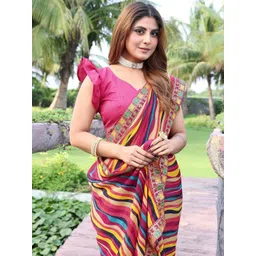 JANOI Striped Embroidered Poly Georgette Saree image 1