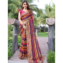 JANOI Striped Embroidered Poly Georgette Saree image 3
