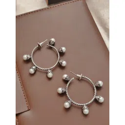 janpath online Janpath Silver-Plated Pearls Studded Contemporary Shaped Oxidised Hoop Earrings-picture-40