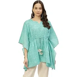 japer kurti Women Blue & White Pure Cotton Bandhej Print Kaftan Top-picture-42