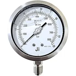"Ji" Japsin Instrumentation Industrial Glycerin Filled Pressure Gauge, 4" Dial, Range 0 to 56 Bar with Dual Scale of 800 PSI, Direct Mounting Bottom Entry, 1/2" BSP (M) Connection, SS Material-image-24