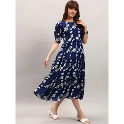 Jash Creation Floral Print Puff Sleeve Crepe Fit & Flare Midi Dress-picture-22