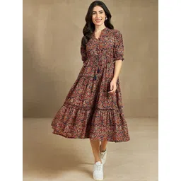 Jash Creation Print Puff Sleeve Applique Crepe Fit & Flare Maxi Dress-picture-35