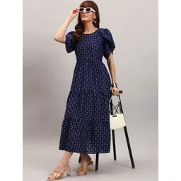 Jash Creation Print Puff Sleeve Crepe A-Line Midi Dress-picture-17