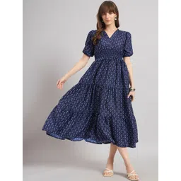 Jash Creation Print Puff Sleeve Crepe Fit & Flare Midi Dress-picture-35