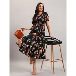 Jash Creation Women Floral Print Puff Sleeve Crepe Fit & Flare Midi Dress-picture-10