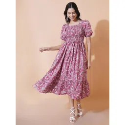 Jash Creation Women Floral Printed Smocked Detail Fit and Flare Midi Dress-picture-24