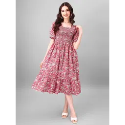 Jash Creation Women Floral Printed Square Neck Smoked Puff Sleeves Fit & Flare Midi Dress-picture-35