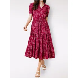 Jash Creation Women Pink Floral Print Puff Sleeve V-Neck Polyester Fit & Flare Dress-picture-13