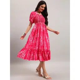 Jash Creation Women Tie and Dye Dyed Puff Sleeve Square Neck Crepe Fit & Flare Midi Dress-picture-23