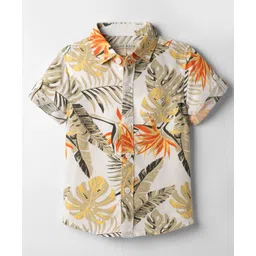 JASH KIDS Cotton Woven Half Sleeves Shirt With Leaf Print - White-picture-37