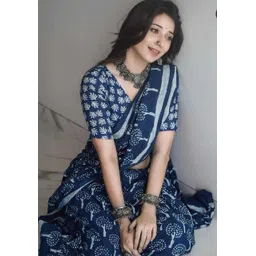 jashvita Hand Painted, Printed, Floral Print, Blocked Printed, Color Block Handloom Pure Cotton Saree-picture-19