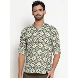 JAVINISHKA Geometric Printed Mandarin Collar Roll-Up Sleeves Cotton Linen Short Kurta-picture-36