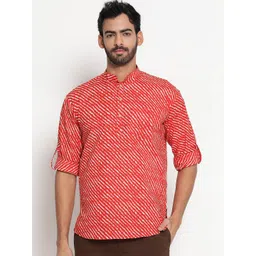 JAVINISHKA Leheriya Printed Mandarin Collar Roll-Up Sleeves Pure Cotton Kurta-picture-30