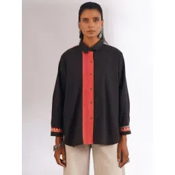 Jaypore Black Embroidered Dongaria Straight Fit Shirt-picture-42