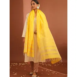 JAYPORE Floral Woven Design Zari Work Cotton Silk Dupatta-picture-15