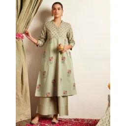 Jaypore Green Block Printed Flare Fit Kurta-picture-25