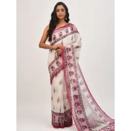 Jaypore Off White Floral Block Print Saree with Blouse-picture-23