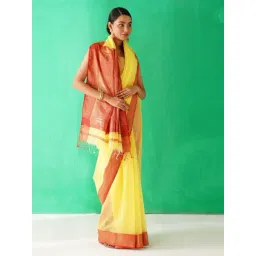 Jaypore Yellow Cotton Silk Woven Maheshwari Saree image 4