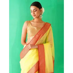 Jaypore Yellow Cotton Silk Woven Maheshwari Saree image 5