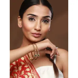 Jazz And Sizzle 24KT Gold-Plated CZ & Green & Pink Stone Studded Bangles for Women - Set of 2-picture-11